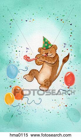 Stock Illustration - A lion cub wearing a birthday hat and blowing a birthday noisemaker. Fotosearch