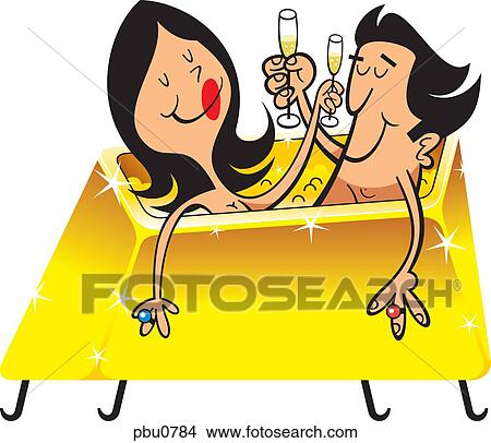Stock Illustration - A man and woman celebrating with champagne while sitting in a bath tub. Fotosearch