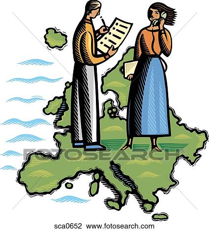 Drawing - A man and woman conducting business while standing on land. Fotosearch