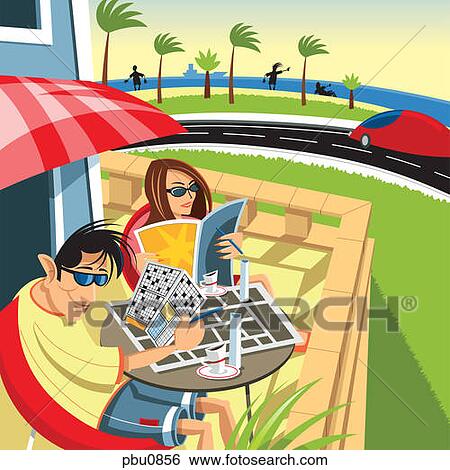 Stock Illustration - A man and woman on a patio at a beach resort. Fotosearch