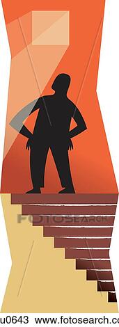 Drawing - A man at the top of the stairs looking at a window. Fotosearch