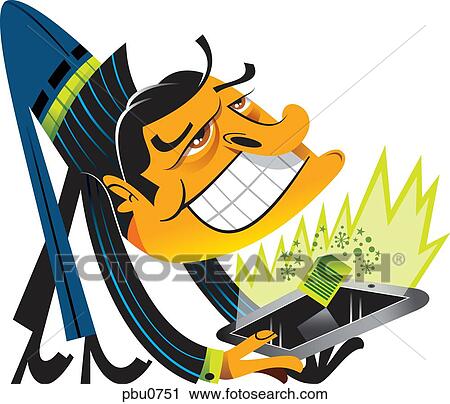 Clip Art - A man bending down while holding a tablet. Fotosearch