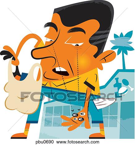 A man carrying a shopping bag and looking at the coins in his hands. View Large Illustration Clipart - A man carrying a shopping bag and looking at the coins in his hands.. Fotosearch