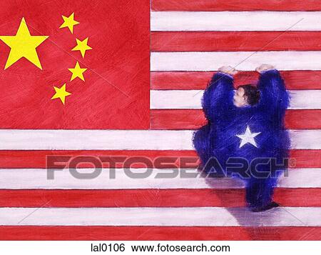 Stock Illustration - A man climbing a flag that combines the flag of the People's Republic of China with an American flag.. Fotosearch