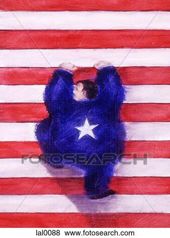 Stock Illustration - A man dressed in blue with a star on his back, climbing up red and white stripes. Fotosearch