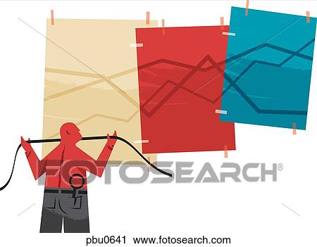 A man holding a measuring tape while looking at posters of bar graphs View Large Illustration Clip Art - A man holding a measuring tape while looking at posters of bar graphs. Fotosearch