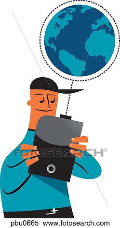 Stock Illustration - A man holding a mobile device connecting to the internet. Fotosearch