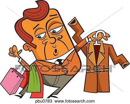 Drawing - A man holding shopping bags and holding up a coat on a hanger. Fotosearch