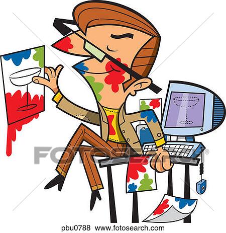 Stock Illustration - A man holding up artwork that he has created digitally and by using paint. Fotosearch