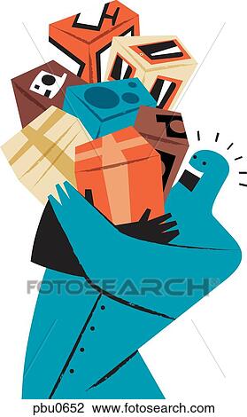 Drawing - A man holding various boxes. Fotosearch