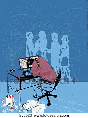 Drawing - A man hunched over his keyboard. Fotosearch
