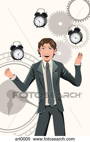 Stock Illustration - A man juggling alarm clocks and gears.. Fotosearch