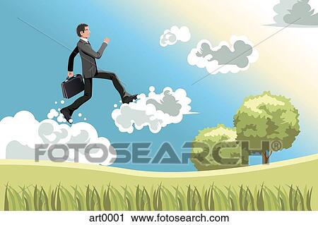 A man jumping from cloud to cloud. View Large Illustration Clip Art - A man jumping from cloud to cloud.. Fotosearch