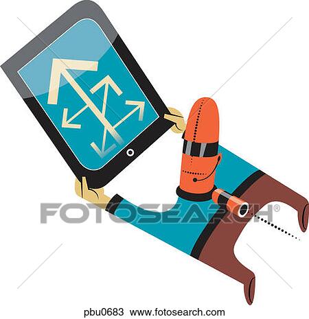 Drawing - A man looking at hand held device. Fotosearch