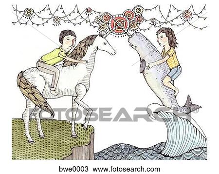 A man on a unicorn and a woman on a beluga whale with a unicorn horn View Large Illustration Drawing - A man on a unicorn and a woman on a beluga whale with a unicorn horn. Fotosearch