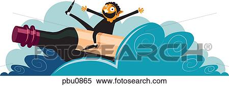 A man on a wine bottle in the ocean View Large Illustration Stock Illustration - A man on a wine bottle in the ocean. Fotosearch