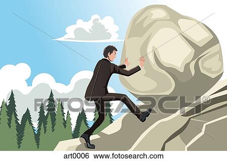 Stock Illustration - A man pushing a boulder uphill. Fotosearch