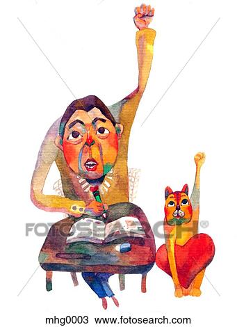 A man raising his hand with a cat copying him View Large Illustration Drawing - A man raising his hand with a cat copying him. Fotosearch