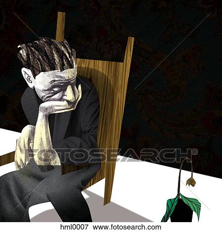 Stock Illustration - A man sitting and looking a dying plant. Fotosearch