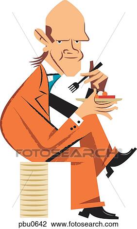 Drawing - A man sitting while holding a plate of food. Fotosearch