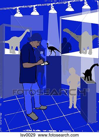 Stock Illustration - A man taking notes at a dinosaur exhibit. Fotosearch