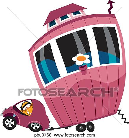 Stock Illustration - A man towing a big house with a small car. Fotosearch