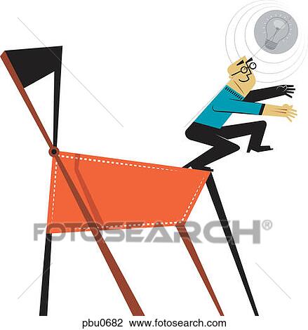 Drawing - A man using a chair to reach for a light bulb. Fotosearch