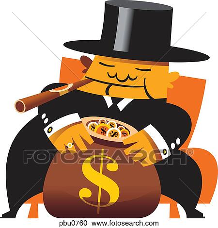 Clipart - A man with a cigar in his mouth holding a bag of money. Fotosearch
