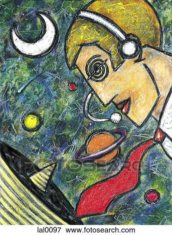 Stock Illustration - A man with a headset and in the background are planets and stars. Fotosearch