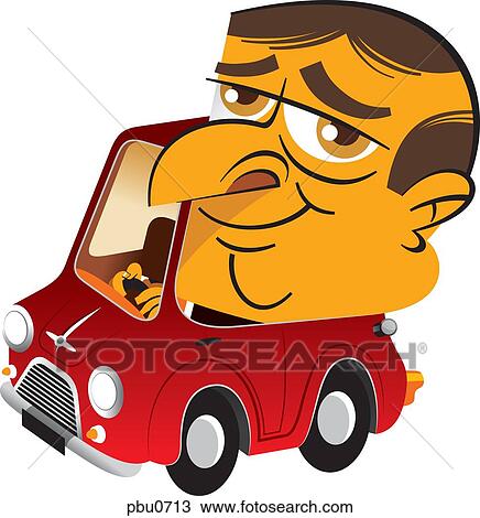 Drawing - A man with a large head driving a small red car. Fotosearch