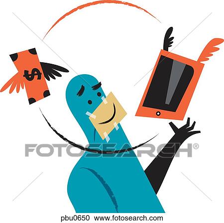 A man with his mouth shut with a piece of paper while money and a computer screen fly around him View Large Illustration Clipart - A man with his mouth shut with a piece of paper while money and a computer screen fly around him. Fotosearch