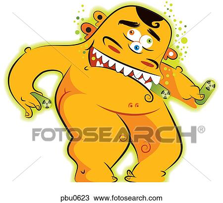 Drawing - A man with three arms and three ears holding toxic pills. Fotosearch