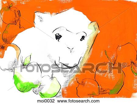 Drawing - A monkey and apples. Fotosearch