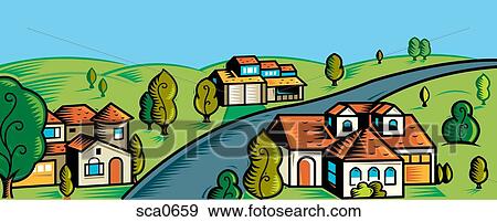 A neighborhood with large houses View Large Illustration Stock Illustration - A neighborhood with large houses. Fotosearch