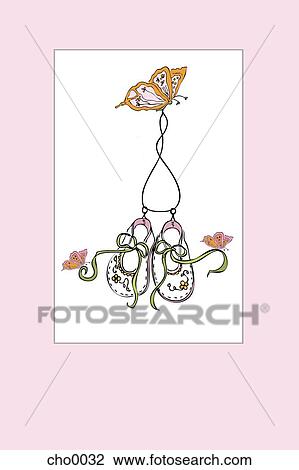 Drawing - A pair of baby girl shoes being carried by butterflies. Fotosearch