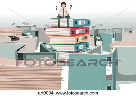 Stock Illustration - A perplexed businessman sitting on top of files. Fotosearch