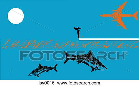 A person about to dive into shark infested water View Large Illustration Stock Illustration - A person about to dive into shark infested water. Fotosearch