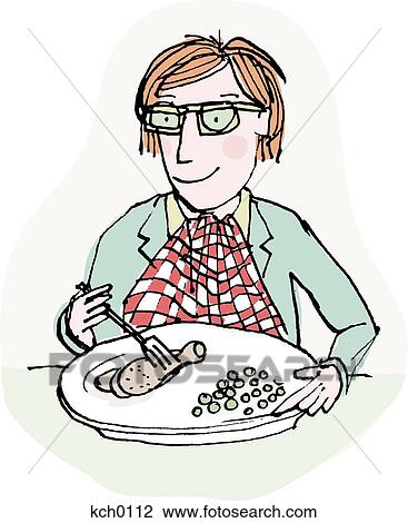 Drawing - a person eating chicken and peas. Fotosearch