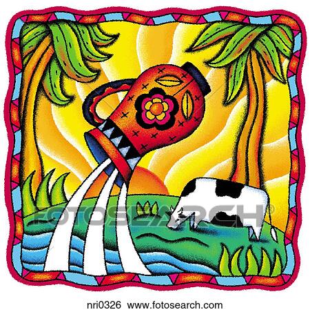 A pitcher pouring milk with a cow in the background View Large Illustration Stock Illustration - A pitcher pouring milk with a cow in the background. Fotosearch