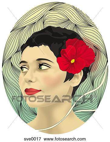 Stock Illustration - A portrait of a woman with a flower in her hair. Fotosearch
