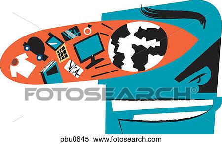 A profile of a man with an eye filled with various objects View Large Illustration Stock Illustration - A profile of a man with an eye filled with various objects. Fotosearch