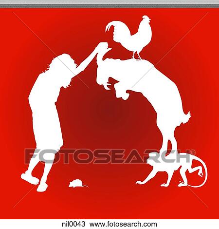 Drawing - A profile of a woman and animals stacked on one another. Fotosearch