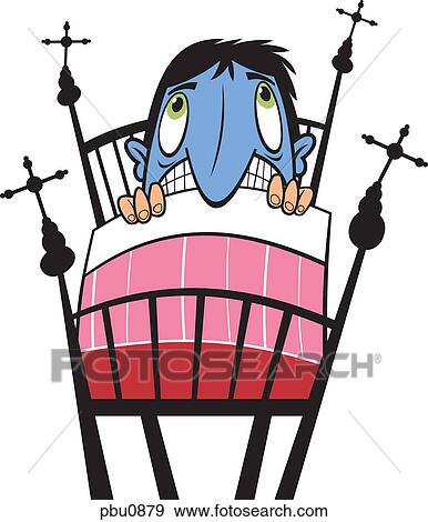Stock Illustration - A scared man in his bed. Fotosearch