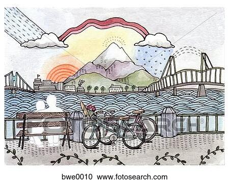 A scenic view of mountains a bridge, rainbows, and two bicycles View Large Illustration Clipart - A scenic view of mountains a bridge, rainbows, and two bicycles. Fotosearch
