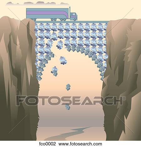 Drawing - A semi-trailer truck driving across a bridge made of dollar signs that are falling off. Fotosearch