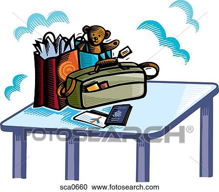 A table with a passport, a bag, and gift bags View Large Illustration Clipart - A table with a passport, a bag, and gift bags. Fotosearch