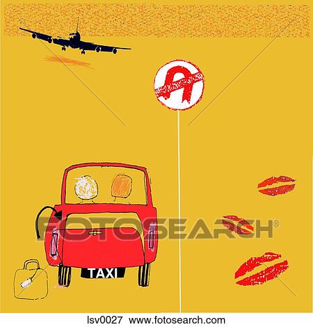 Stock Illustration - A taxi cab and a plane overhead. Fotosearch