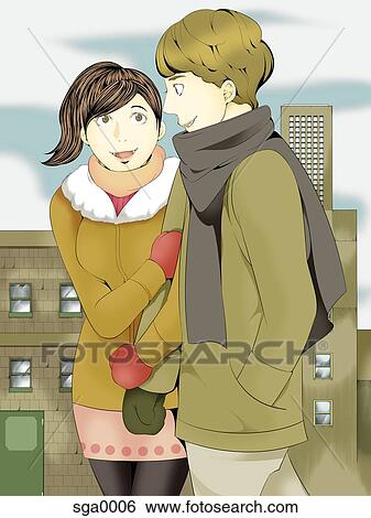 Stock Illustration - A teenage girl holding on the arm of her boyfriend. Fotosearch