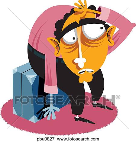 Stock Illustration - A tired businessman sitting on a briefcase. Fotosearch