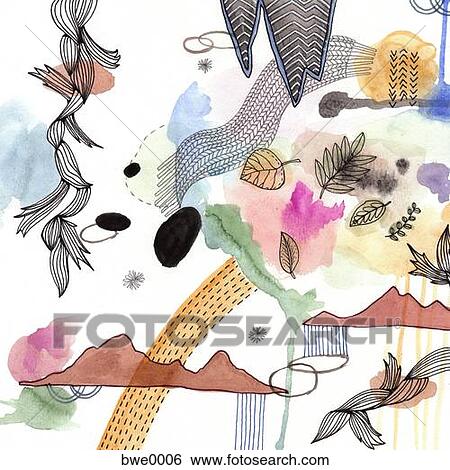 A watercolor painting and illustration of mountains, leaves, and various things found in nature View Large Illustration Stock Illustration - A watercolor painting and illustration of mountains, leaves, and various things found in nature. Fotosearch